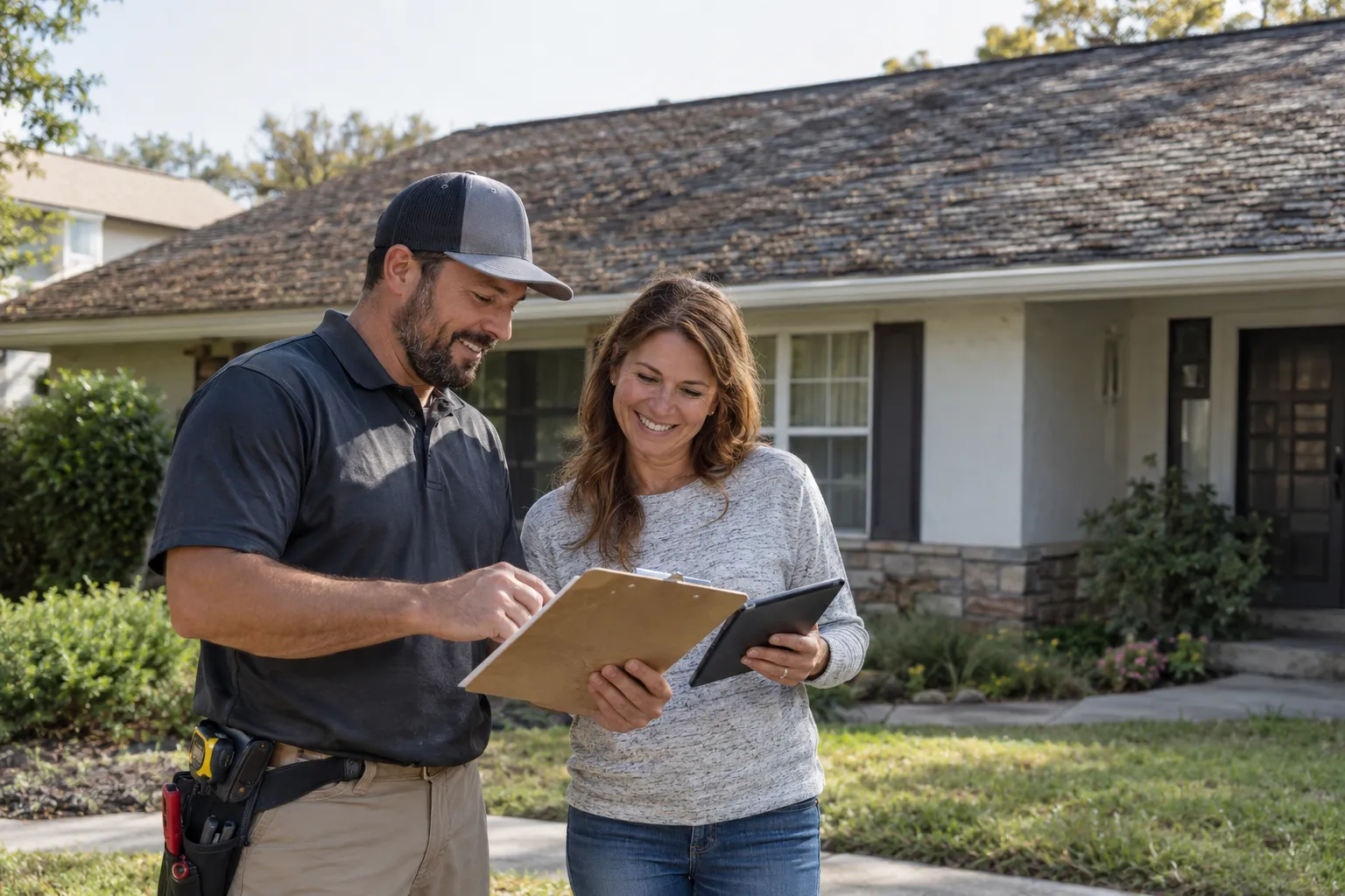 A homeowner in the Whittier area reviewing a written roofing quote with a provider