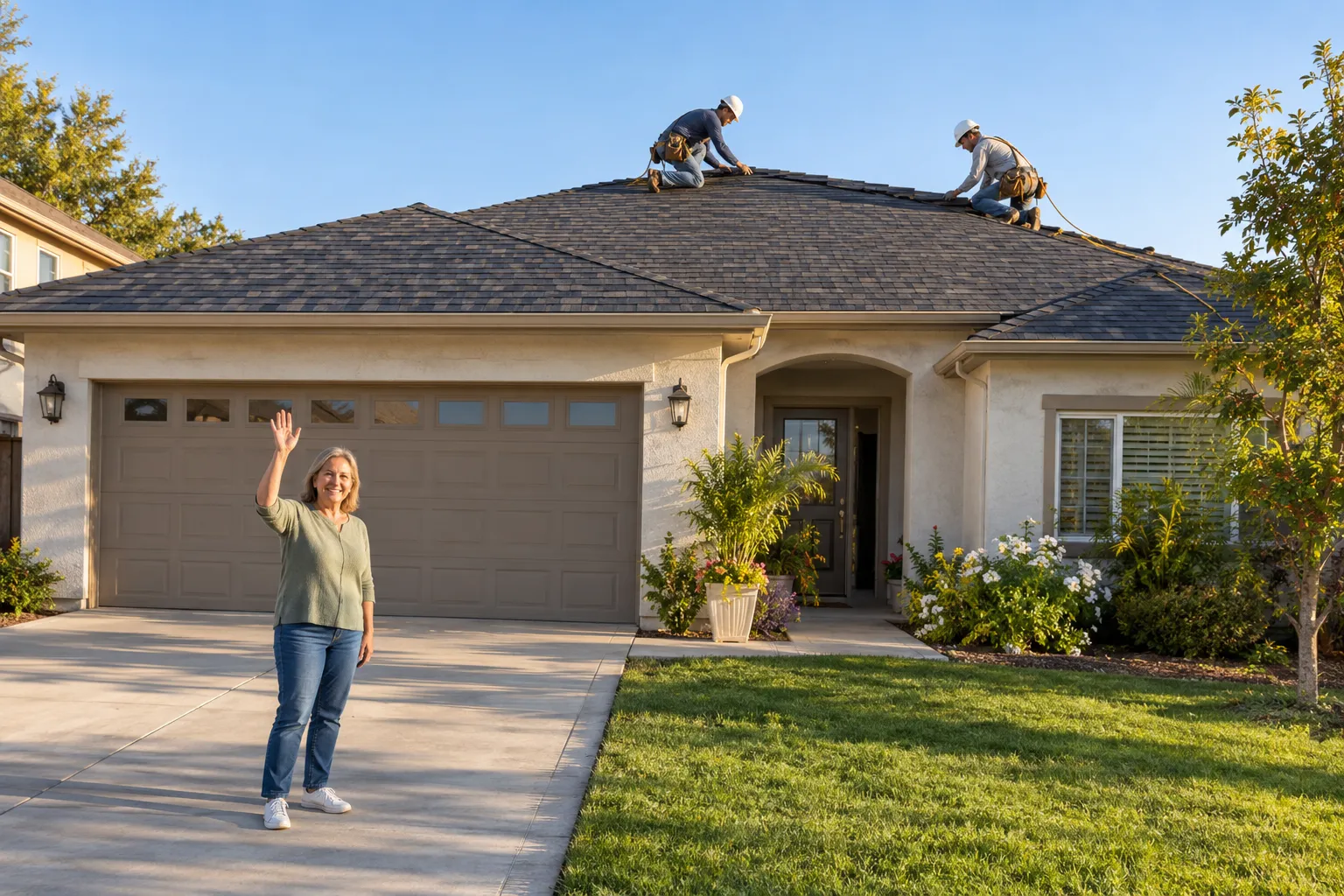A stucco ranch home in Whittier with a freshly installed roof under a clear sky