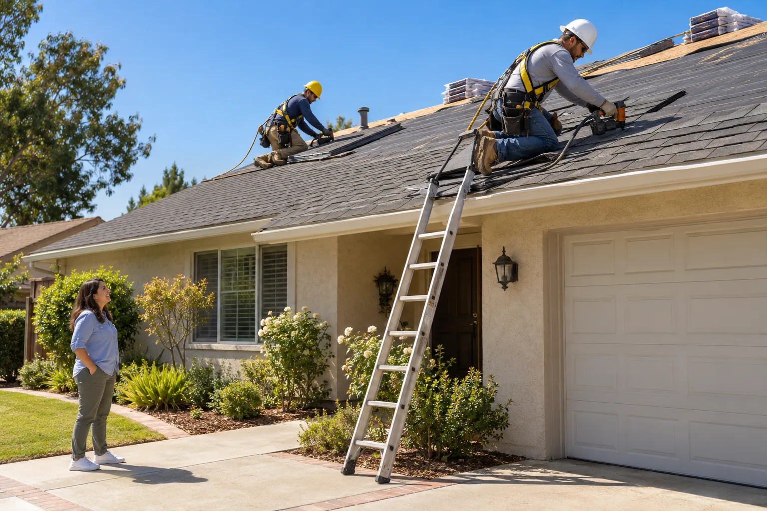 Independent roofing provider crew installing a new roof on a stucco ranch home in Whittier