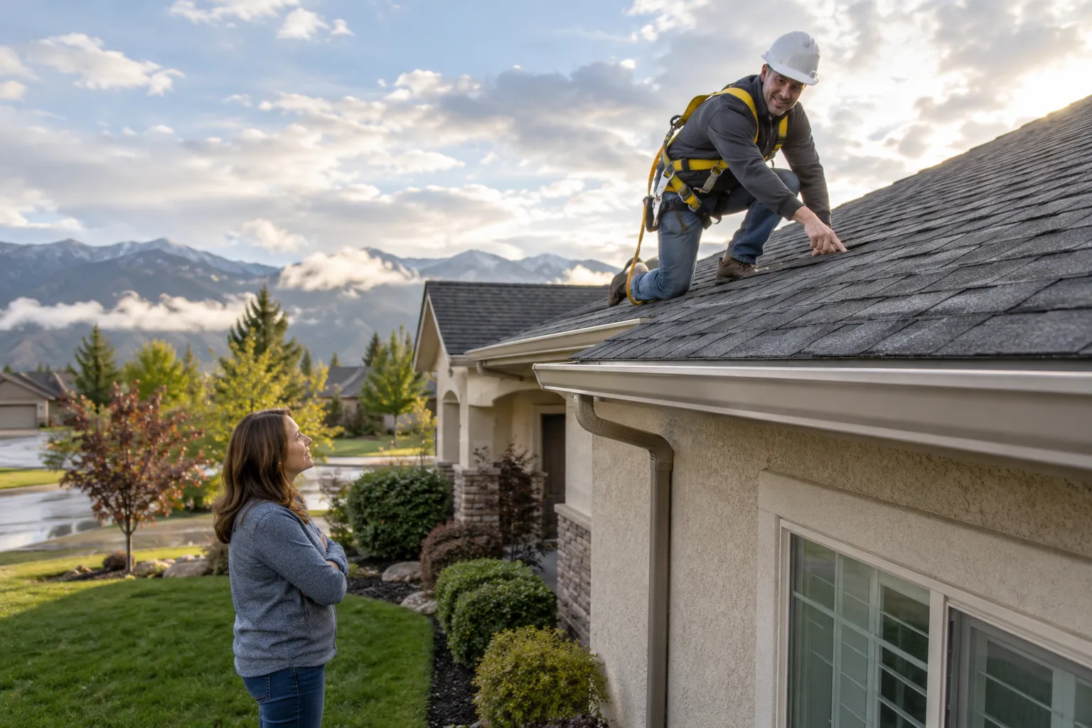 Friendly local roofing provider inspecting hail marks on a home's roof near Whittier